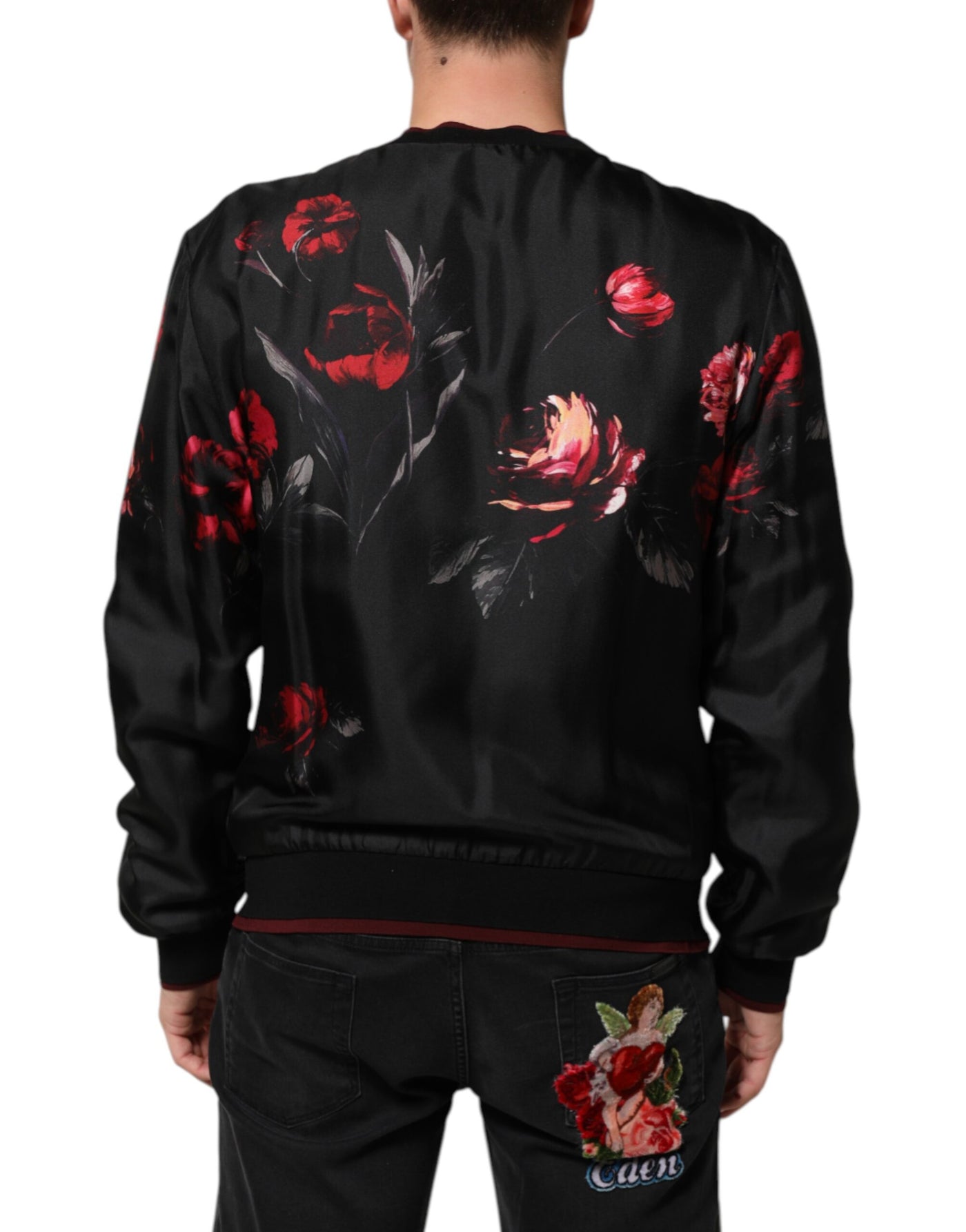Dolce & Gabbana Black Red Floral Silk Bomber Blouson Jacket