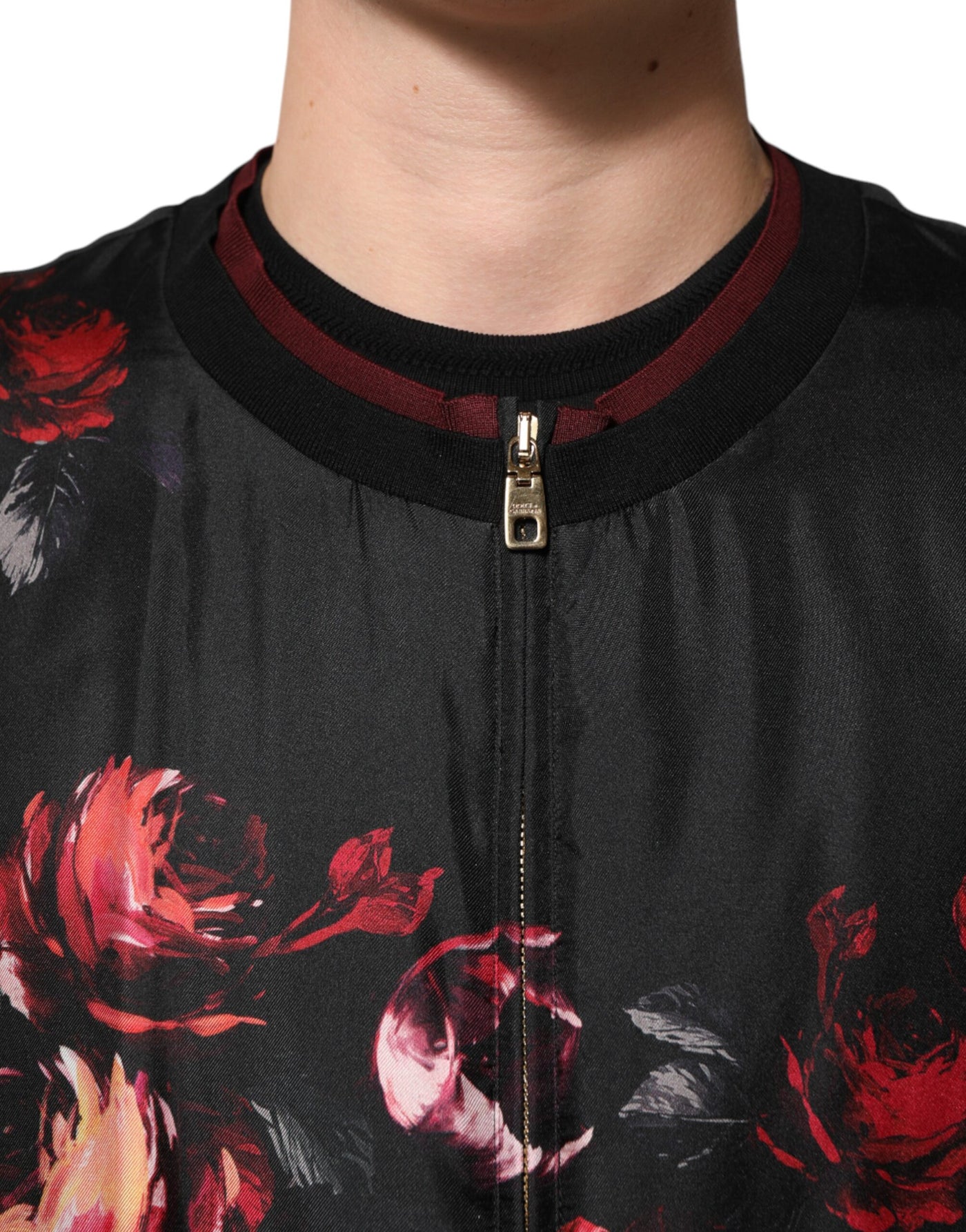Dolce & Gabbana Black Red Floral Silk Bomber Blouson Jacket