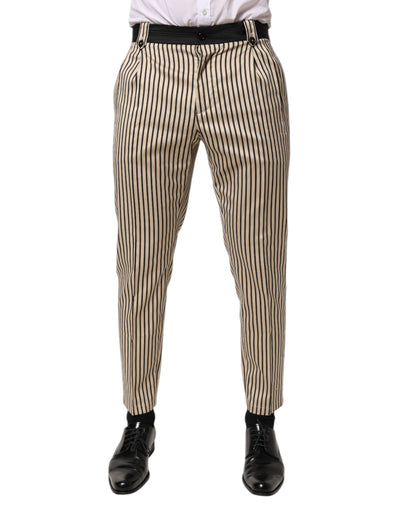 Dolce & Gabbana Beige Black Striped Cotton Slim Fit Trousers Pants