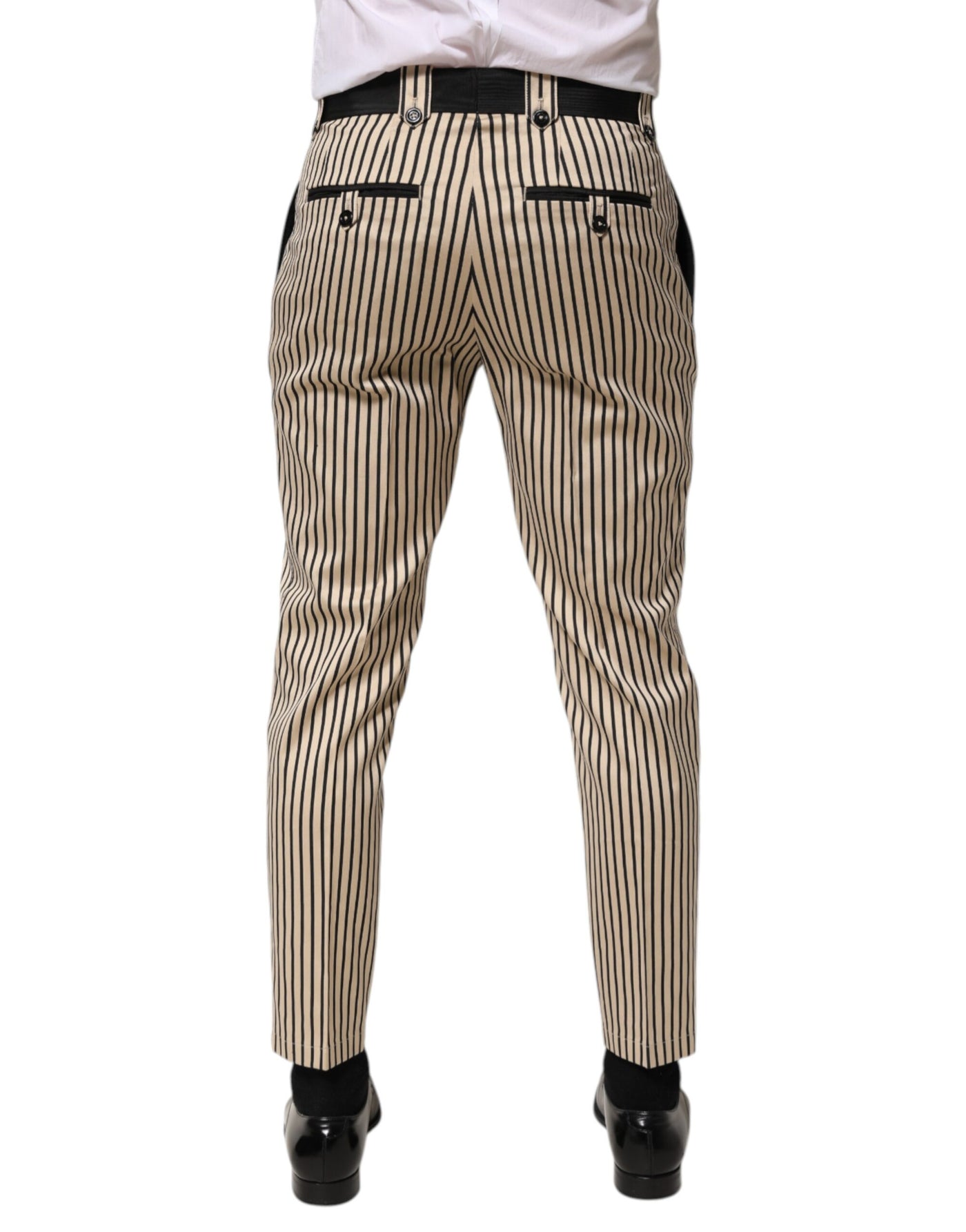 Dolce & Gabbana Beige Black Striped Cotton Slim Fit Trousers Pants
