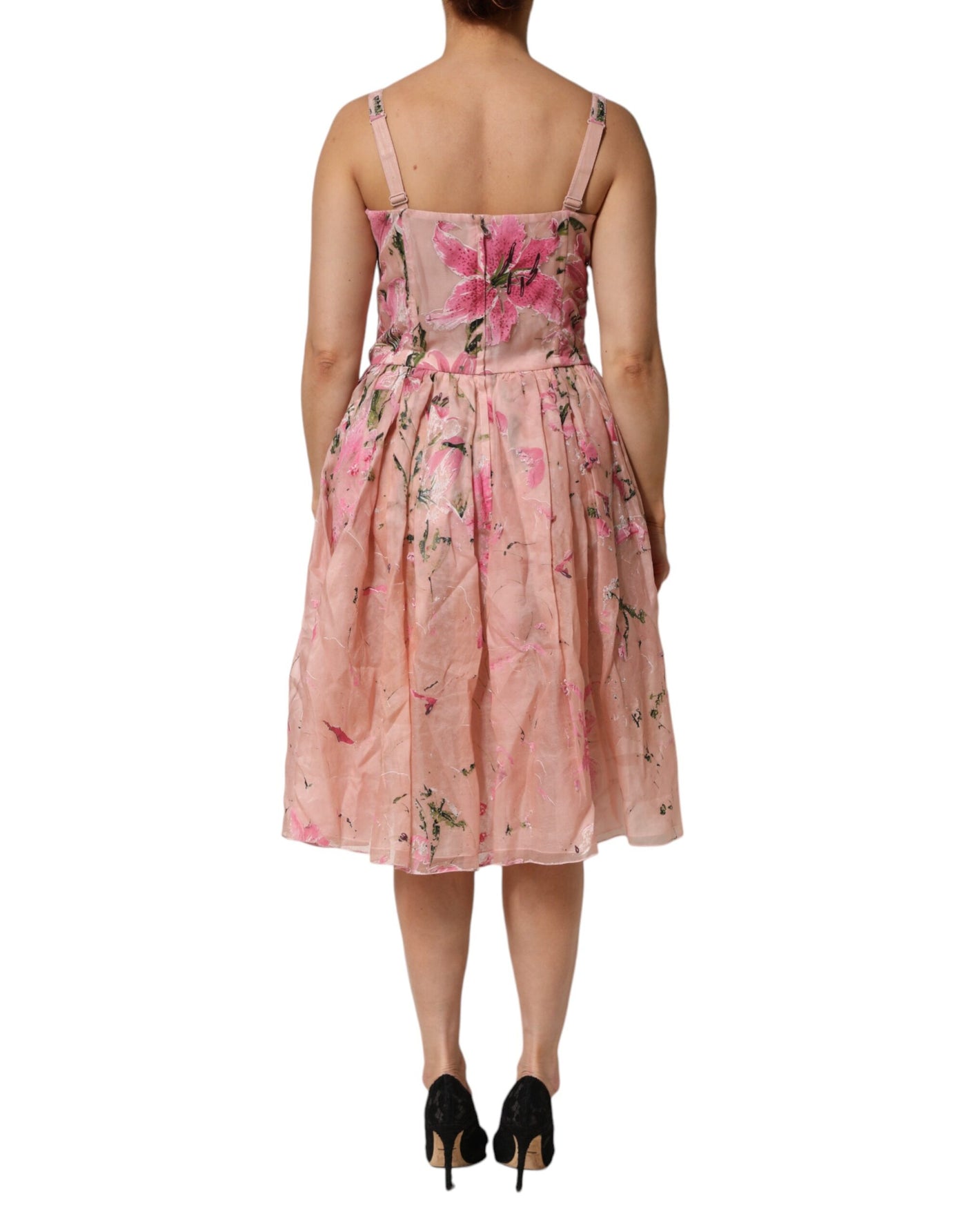 Dolce & Gabbana Pink Cotton Floral Pleated Sleeveless Dress