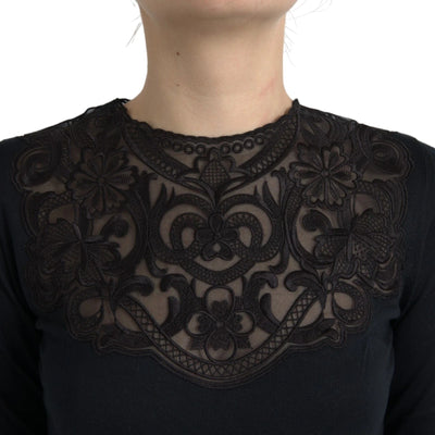 Dolce & Gabbana Black Silk Lace Trim Long Sleeves Blouse Top