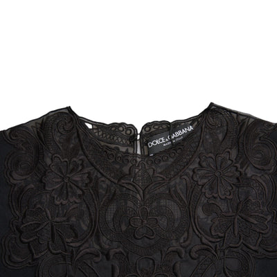 Dolce & Gabbana Black Silk Lace Trim Long Sleeves Blouse Top