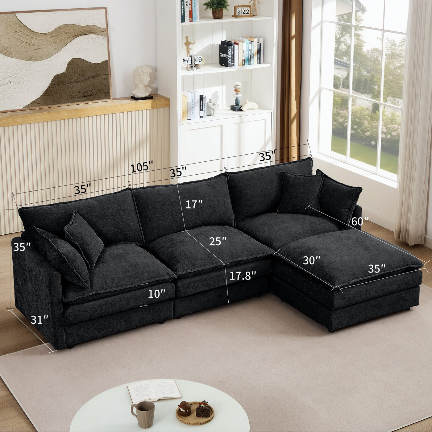 Modular Sectional Sofa, 105 Inch L Shaped Couch Set, Comfy Cloud Couches with Movable Ottoman, Black Chenille