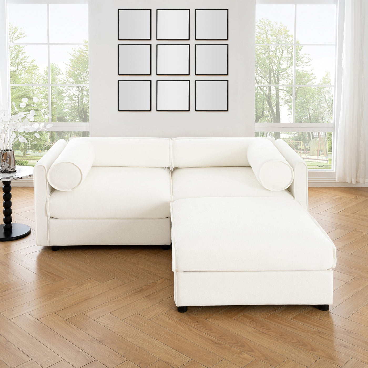 Stylish Modern Fabric 2-Seater Sofa with Ottoman Storage, White Chenille, Cylindrical Backrest and Armrests