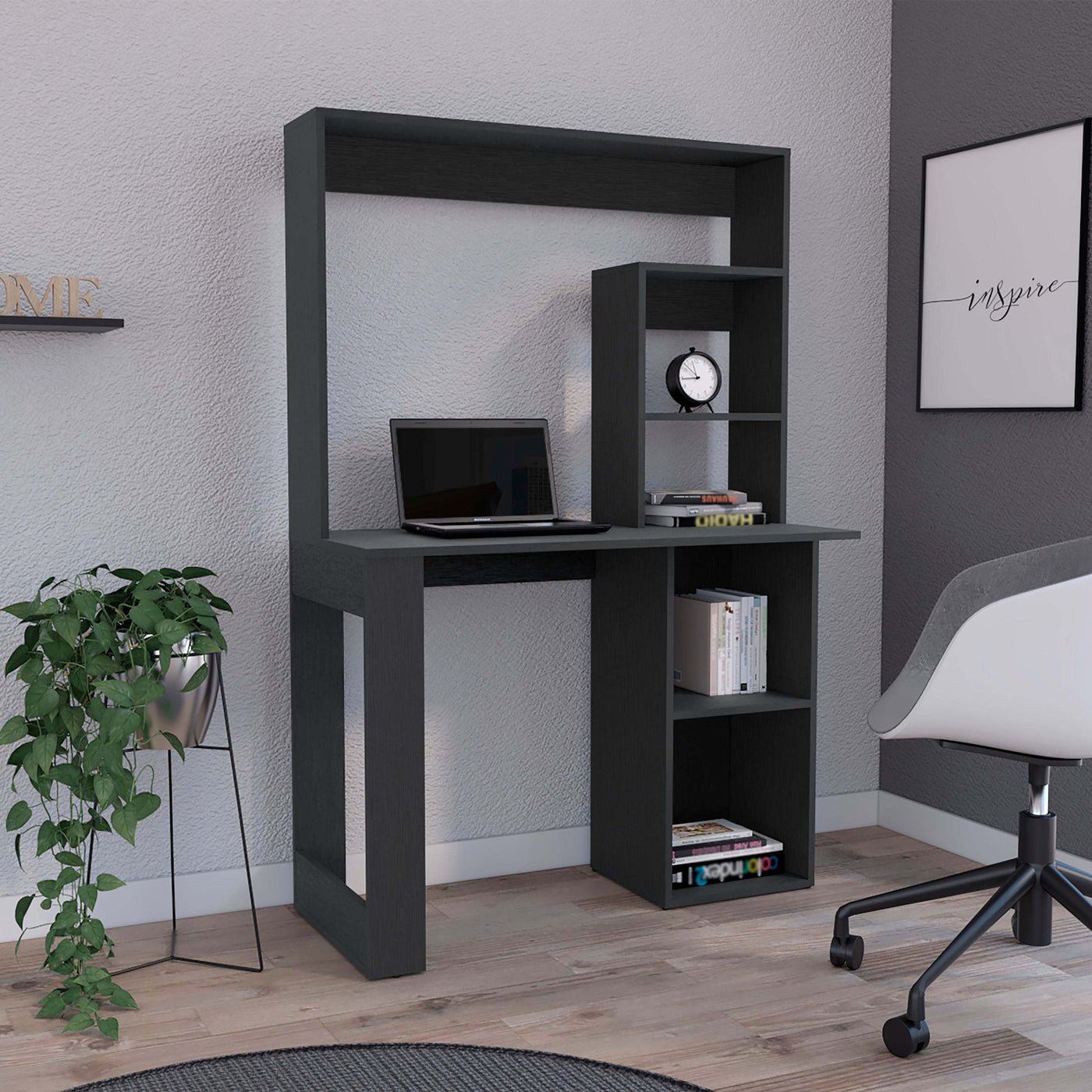Writing Computer Desk with Storage Shelves and Hutch, Black
