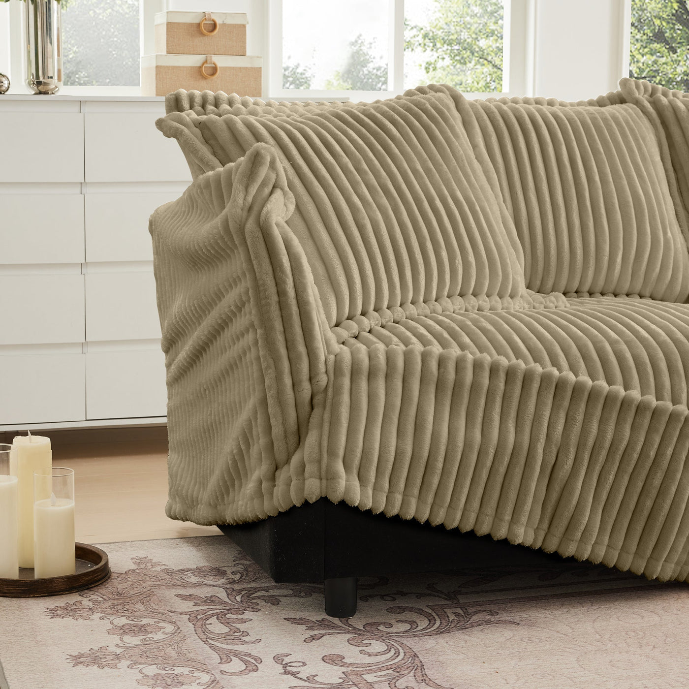 Slipcovered U Shape Sectional Deep Seat Sofa Couch, 3 Seater Sofa with French Edges Design Multiple Big Pillows, Modular Deep Seat Sectional Sofa Comfy Cloud Couch for Living Room, Apartment, Camel