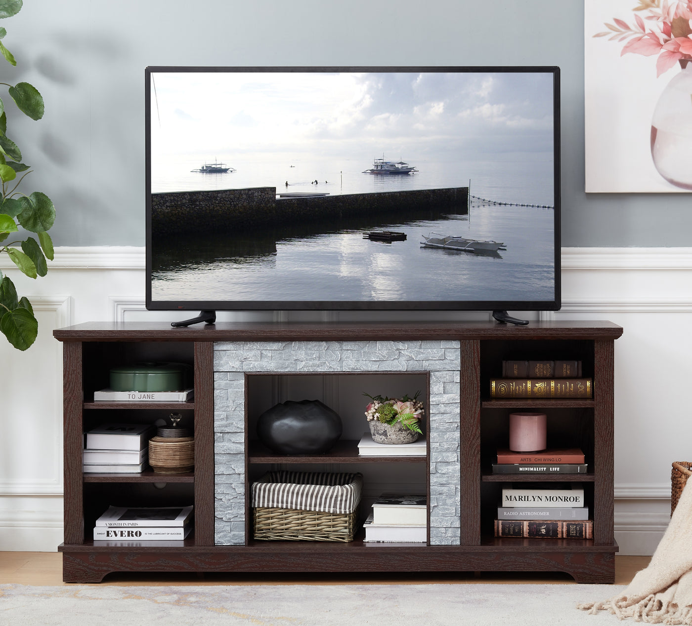 TV Media Stand with with Faux Stacked Stone Surround, Modern Entertainment Console with Open Storage Space, Cherry, 58.31'W*15.39'D*26.06'H