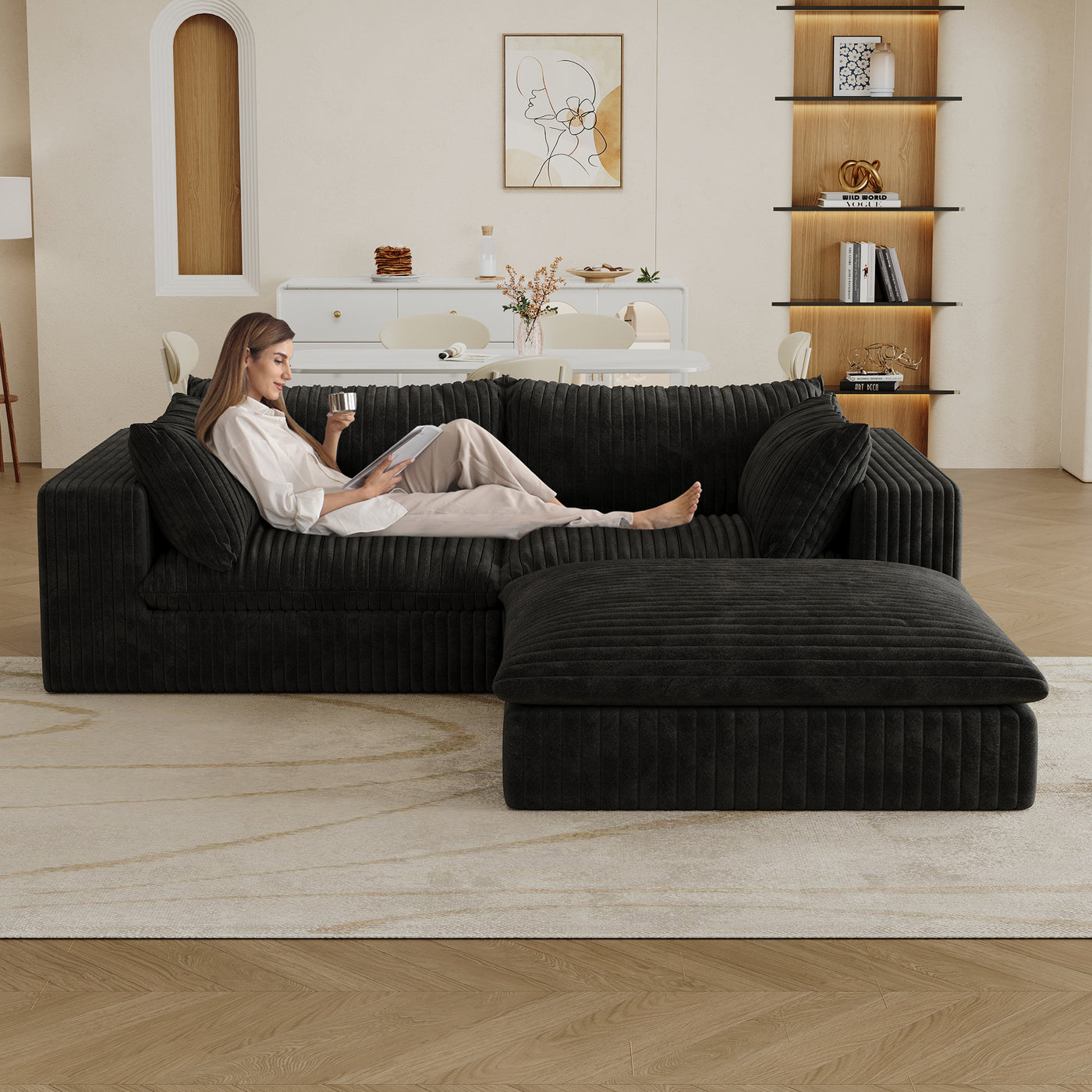 39.8' Cloud Sofa,Corduroy Fabric,Deep Seat Couches,Double-layer design,Removable  Cushion,No Assembly, DIY Combination for Living room, Bedroom,Conference room ,Apartment,Black