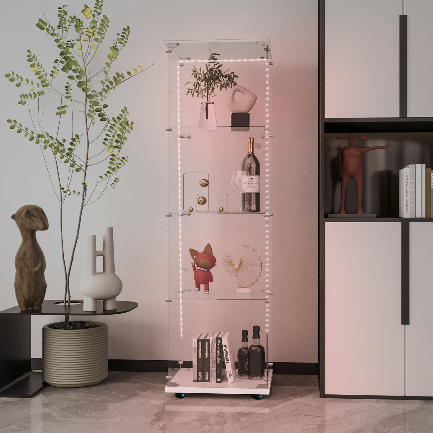 Tempered Glass Display Cabinet,Wine Cabinet, Storage Cabinet,File Cabinet, Tempered Glass Top,Bluetooth LED Light Strip,with Door Lock,suitable for Living Room, Bedroom,Hallway,Office,color:white