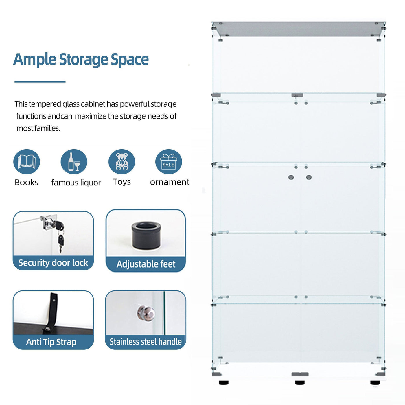 Tempered glass display cabinet,liquorcabinet,storagecabinet,filecabinet,with paipai lights,with locks,bottom equipped with adjustable feet,suitable for uneven,living room bedroom,corridor,office,white