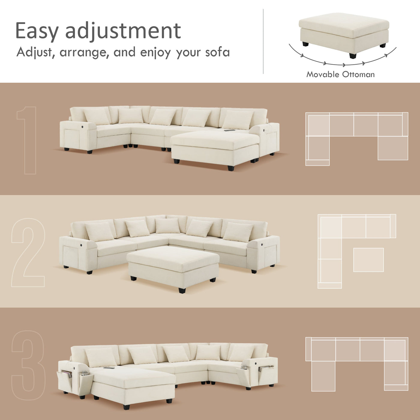 Chenille U Shaped Sectional Sofa with Ottoman, Storage, Cup Holders, and USB Ports, Off White, 128*67'