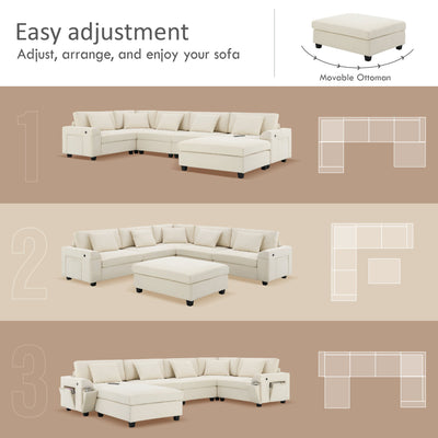 Chenille U Shaped Sectional Sofa with Ottoman, Storage, Cup Holders, and USB Ports, Off White, 128*67'