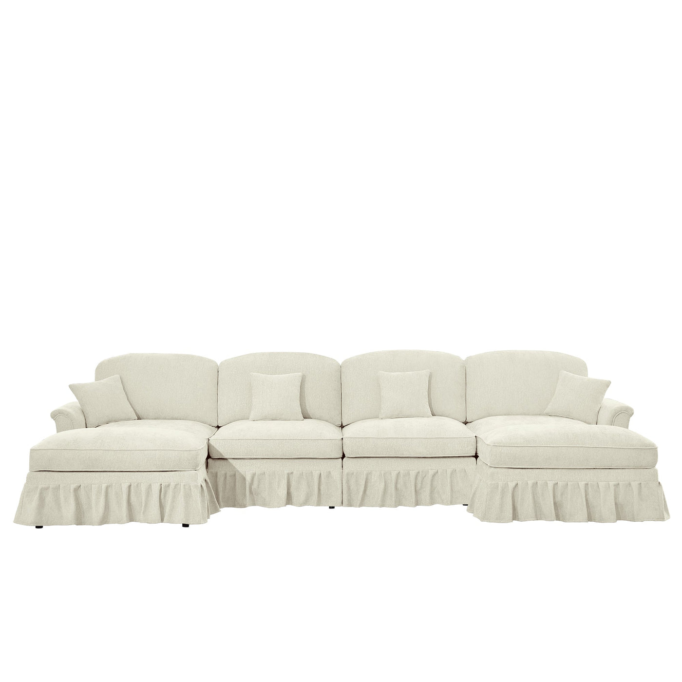 Classic U Shape 4 Seater Modular Sectional Sofa Couch with Flared Arms and Removable Ruffles Pleats Skirts and Spindle Legs, Chenille Deep Seat Cloud Sofa with Movable Ottomans, Beige White