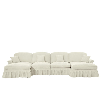 Classic U Shape 4 Seater Modular Sectional Sofa Couch with Flared Arms and Removable Ruffles Pleats Skirts and Spindle Legs, Chenille Deep Seat Cloud Sofa with Movable Ottomans, Beige White