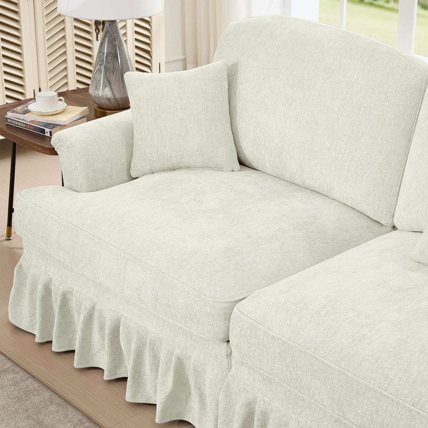 Classic U Shape 4 Seater Modular Sectional Sofa Couch with Flared Arms and Removable Ruffles Pleats Skirts and Spindle Legs, Chenille Deep Seat Cloud Sofa with Movable Ottomans, Beige White
