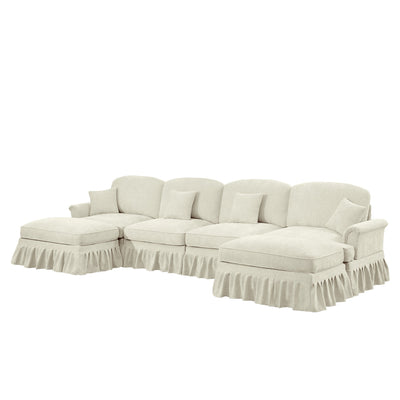 Classic U Shape 4 Seater Modular Sectional Sofa Couch with Flared Arms and Removable Ruffles Pleats Skirts and Spindle Legs, Chenille Deep Seat Cloud Sofa with Movable Ottomans, Beige White