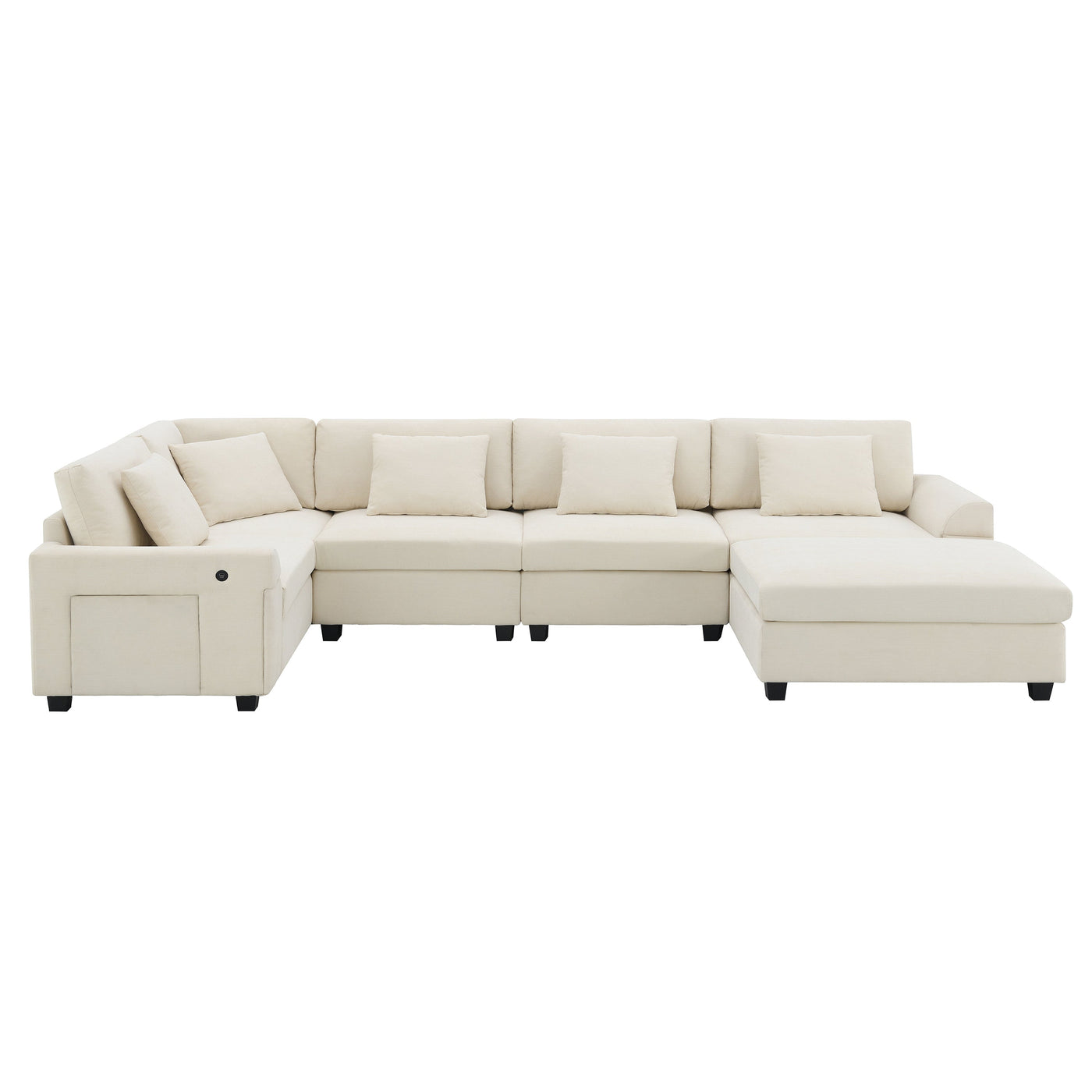 Chenille U Shaped Sectional Sofa with Ottoman, Storage, Cup Holders, and USB Ports, Off White, 128*67'