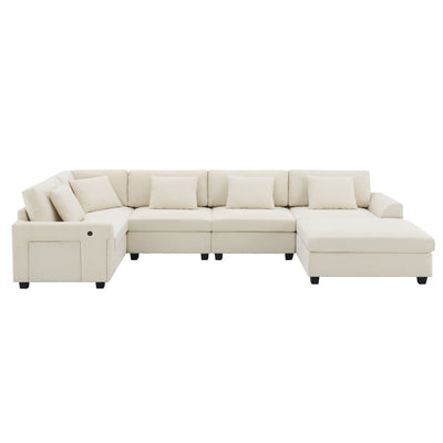 Chenille U Shaped Sectional Sofa with Ottoman, Storage, Cup Holders, and USB Ports, Off White, 128*67'