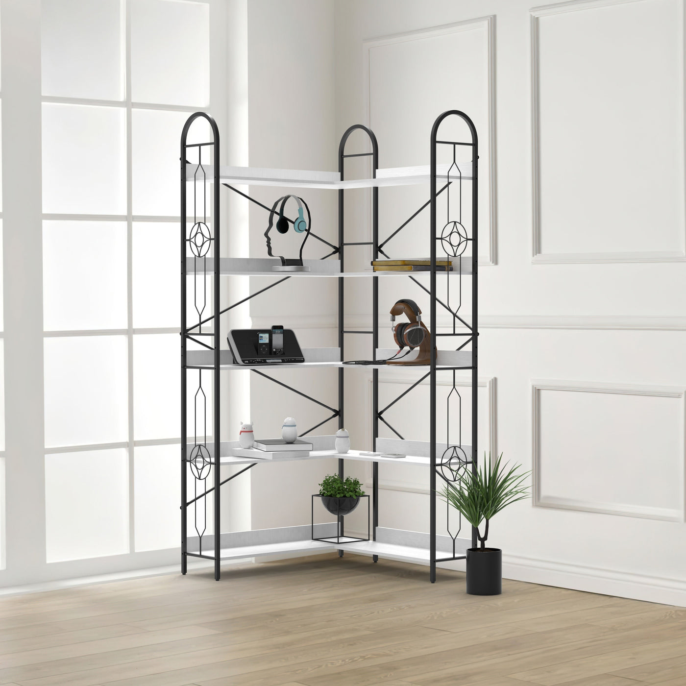 Industrial Style 5 Tier Corner Bookshelf, Ivory White MDF with Thickened Iron Frame, 72.05 Inch