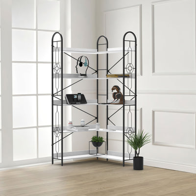 Industrial Style 5 Tier Corner Bookshelf, Ivory White MDF with Thickened Iron Frame, 72.05 Inch