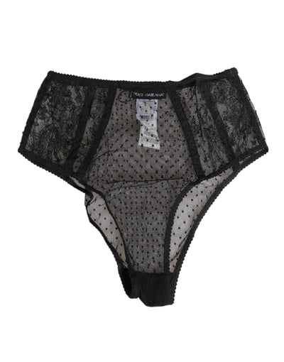 Dolce & Gabbana Black Lace Polka Dot Mesh High Waist Underwear