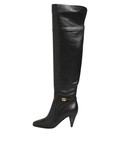 Dolce & Gabbana Black Leather Over-The-Knee DG Boots  Shoes