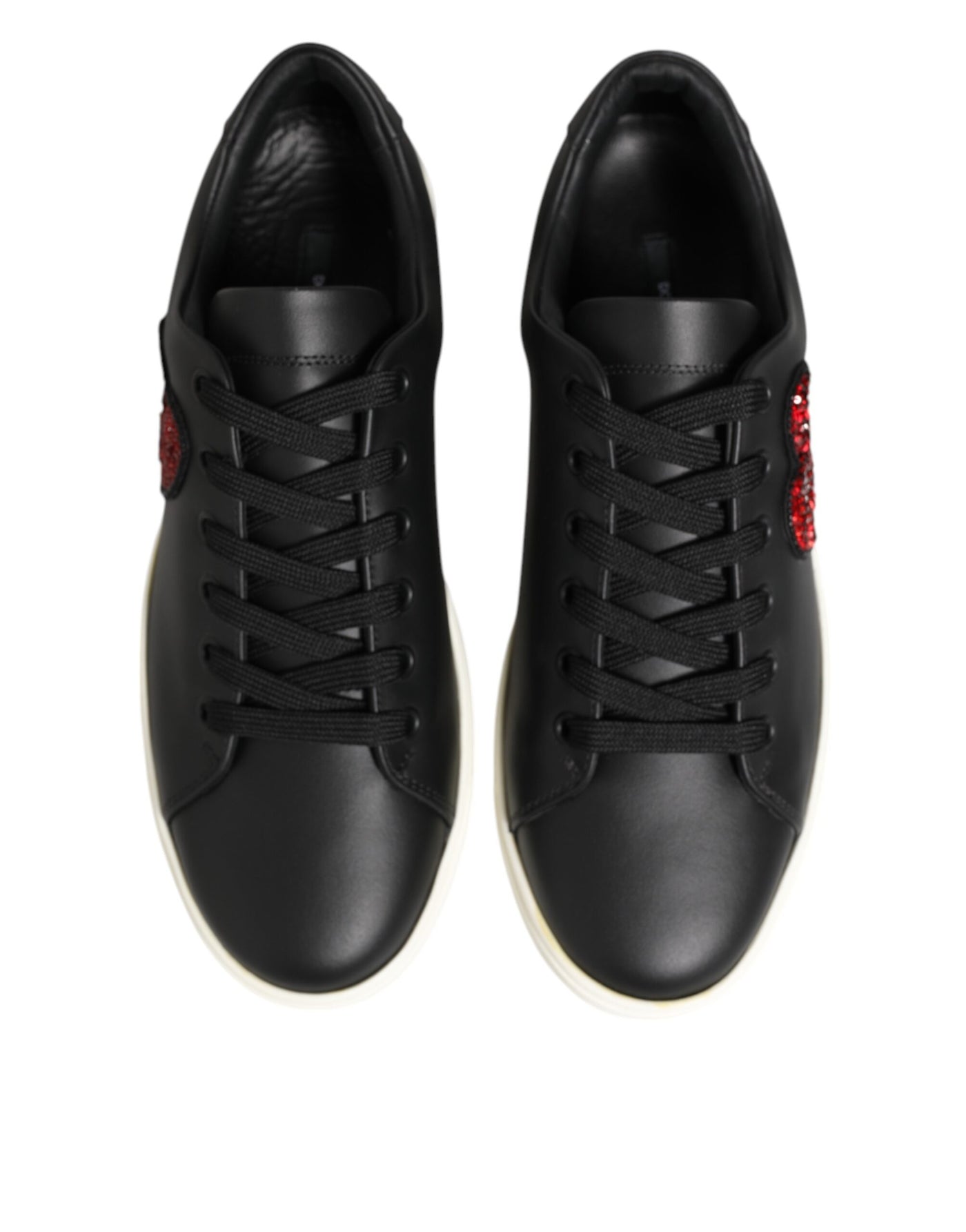 Dolce & Gabbana Black White Leather Crystal Heart Sneakers Shoes