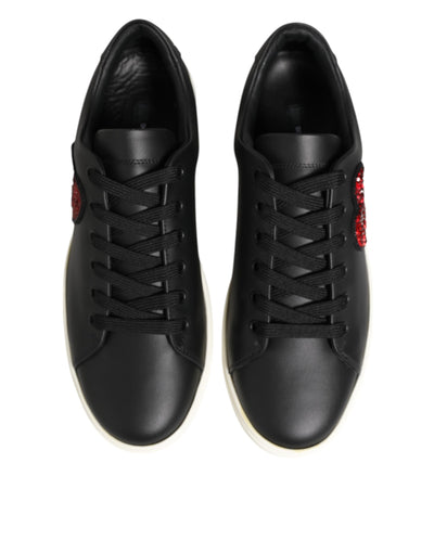 Dolce & Gabbana Black White Leather Crystal Heart Sneakers Shoes