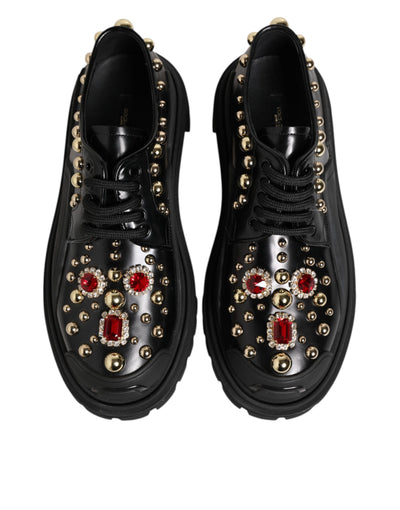 Dolce & Gabbana Black Leather Jeweled Crystals Derby Shoes