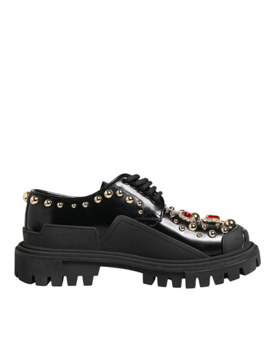 Dolce & Gabbana Black Leather Jeweled Crystals Derby Shoes