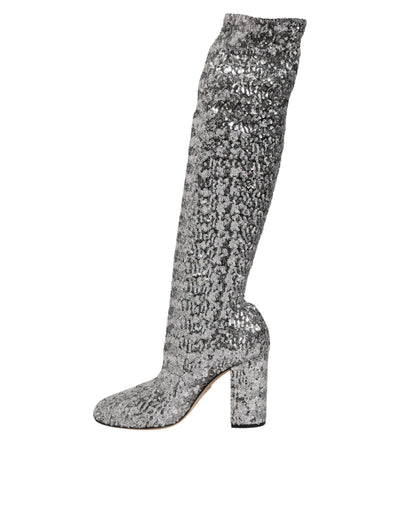 Dolce & Gabbana Shoes Silver Sequins Glitter High Heel Boot Shoes