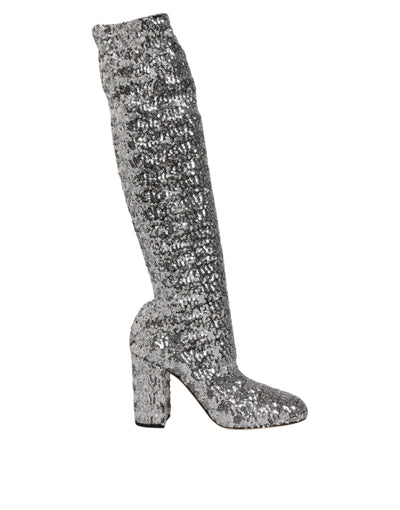 Dolce & Gabbana Shoes Silver Sequins Glitter High Heel Boot Shoes