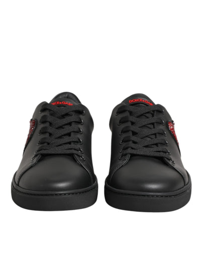 Dolce & Gabbana Black Leather Crystal Heart Low Top Sneakers  Shoes