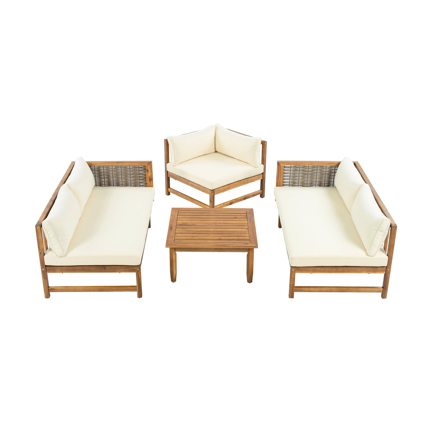 Premium Outdoor Sofa Set with Waterproof Cushions in Beige - Sectional Seating Group with Acacia Wood and Wicker