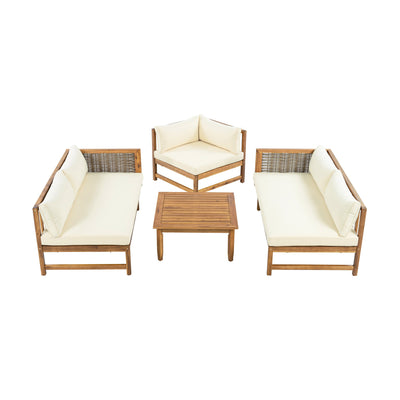 Premium Outdoor Sofa Set with Waterproof Cushions in Beige - Sectional Seating Group with Acacia Wood and Wicker