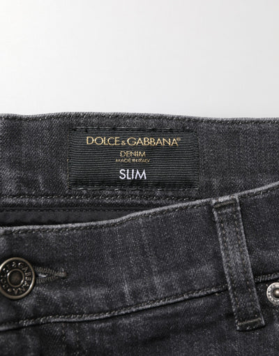 Dolce & Gabbana Black Cotton Slim Fit Distressed Ripped Logo Jeans