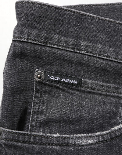 Dolce & Gabbana Black Cotton Slim Fit Distressed Ripped Logo Jeans