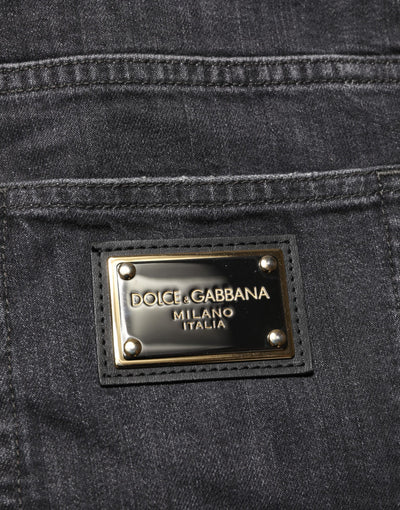 Dolce & Gabbana Black Cotton Slim Fit Distressed Ripped Logo Jeans