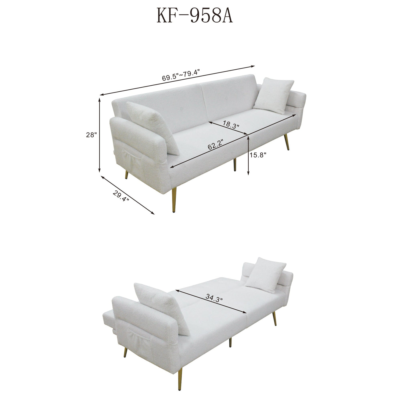 Modern Teddy Upholstered Accent Loveseat Sofa With Side Pocket,Folding Sleeper Sofa Bed With Foldable Armrest , Adjustable Backrest and Golden Metal Legs for Living Room,Dark Blue