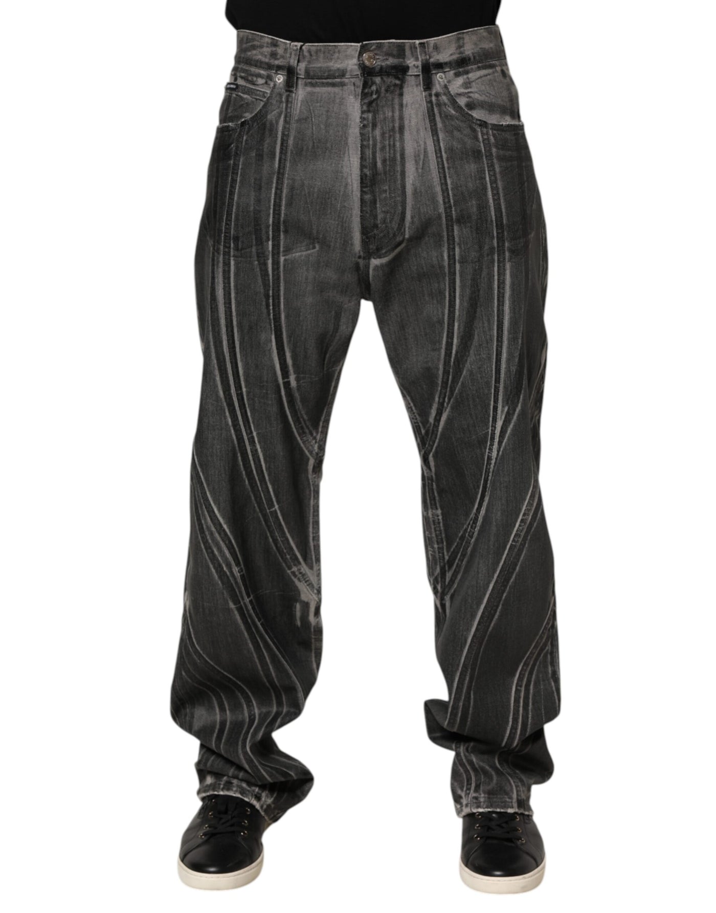 Dolce & Gabbana Black Grey Graphic Print Denim Pants Jeans