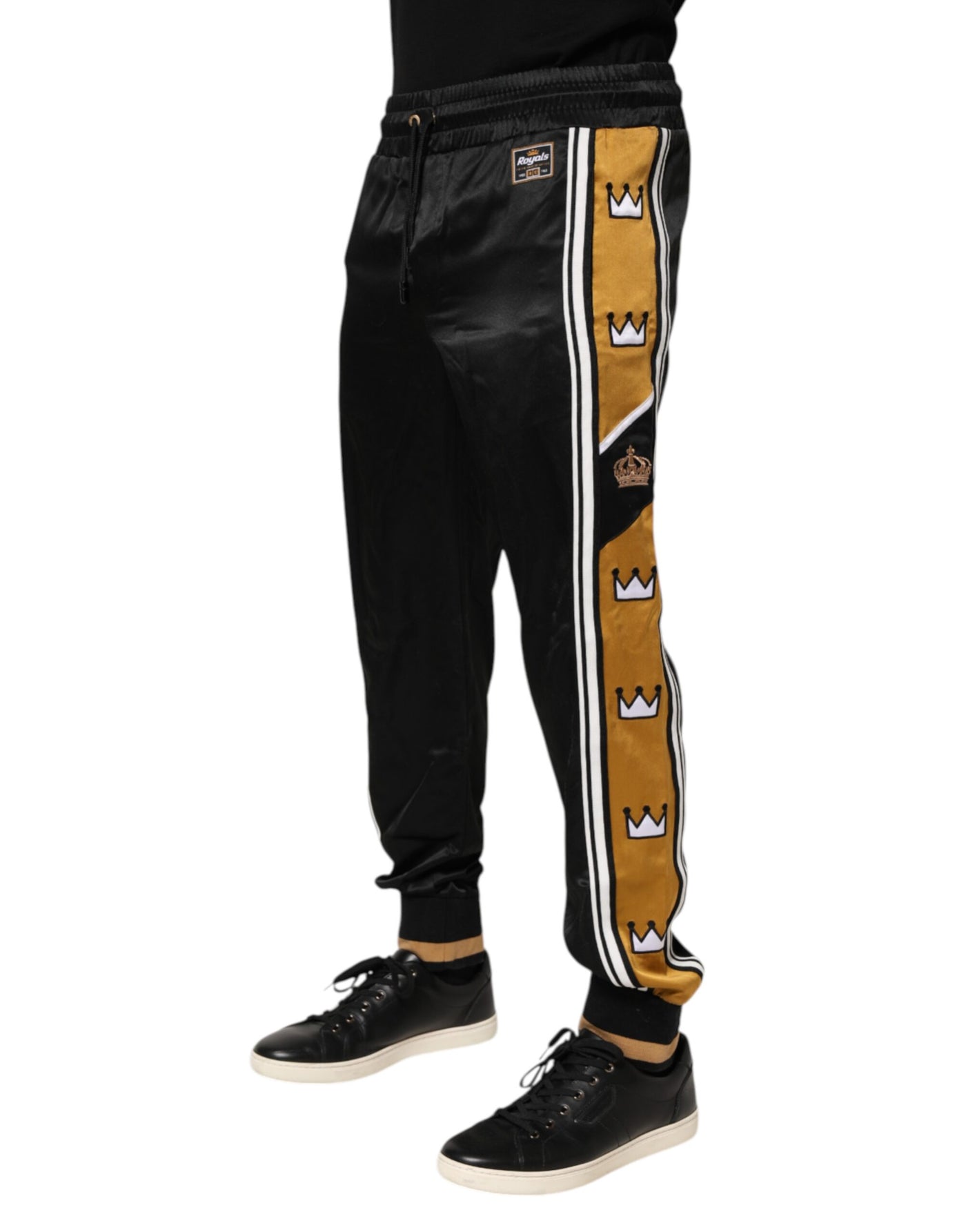Dolce & Gabbana Black Gold Satin Crown Side Stripe Jogger Pants