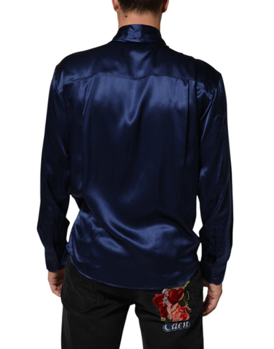 Dolce & Gabbana Blue Oversize Silk Satin Long Sleeves Shirt
