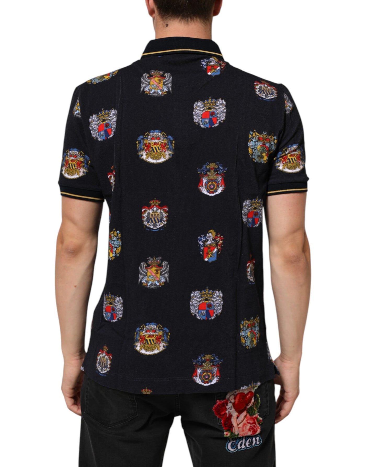 Dolce & Gabbana Blue Heraldic Crest Print Polo Shirt T-shirt