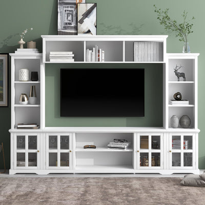 [VIDEO provided] ON-TREND Minimalism Entertainment Wall Unit with Bridge, Modern TV Console Table for TVs Up to 70', Multifunctional TV Stand with Tempered Glass Door, White (Old SKU: SD000009AAK)