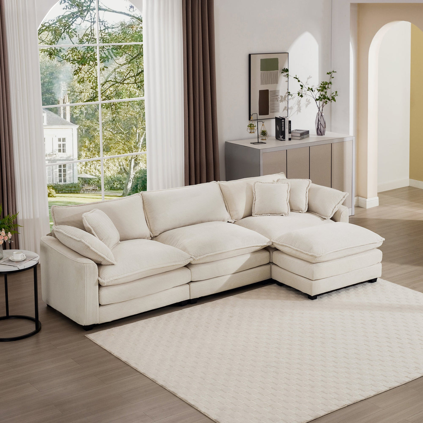 Classic & Modern Sectional Sofa with Ottoman - Light Beige Corduroy Upholstered 3-Seat Couch for Living Room