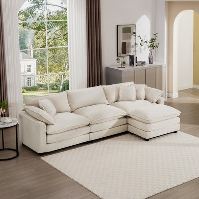 Classic & Modern Sectional Sofa with Ottoman - Light Beige Corduroy Upholstered 3-Seat Couch for Living Room