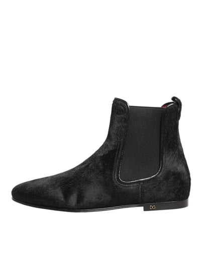Dolce & Gabbana Black Leather Fur Men CHELSEA Boots Shoes