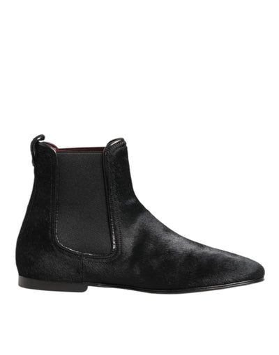 Dolce & Gabbana Black Leather Fur Men CHELSEA Boots Shoes