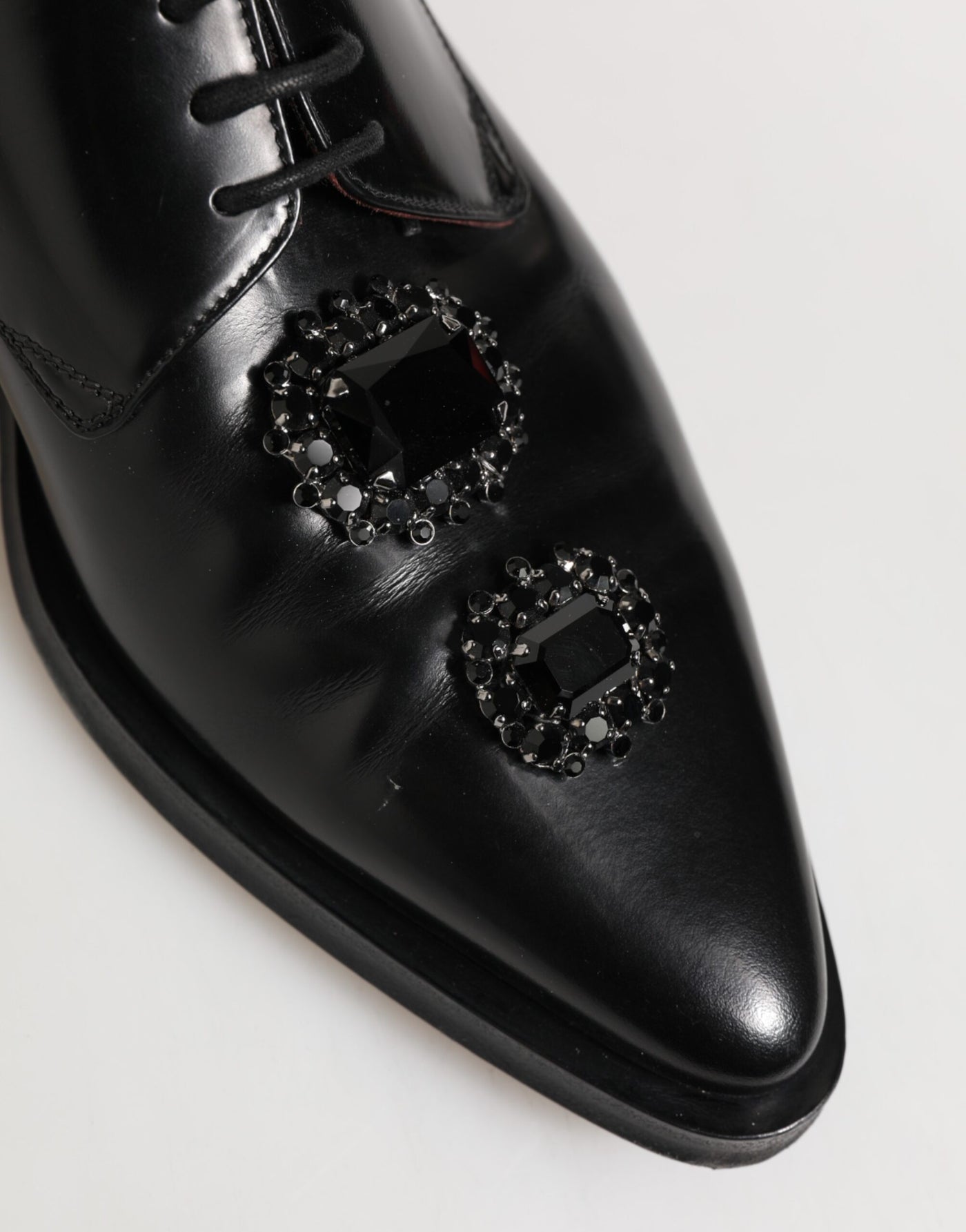 Dolce & Gabbana Black Leather Jeweled Crystals Derby Shoes